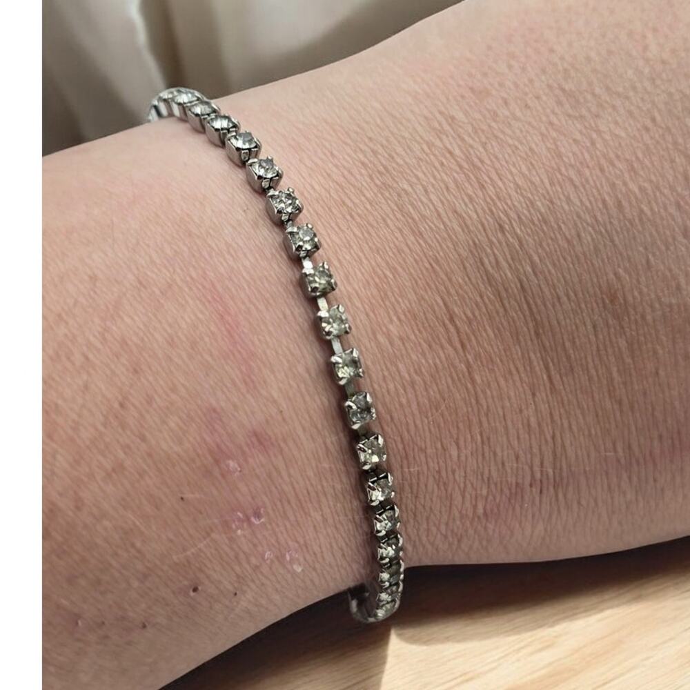 Rhinestone Tennis Vintage Bracelet Silver Tone Classic Dainty Retro Glam
